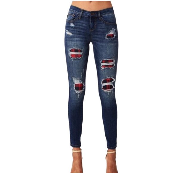 Judy Blue Size 9 Buffalo Plaid Patch Skinny Jeans Distressed Fall Denim Stretchy - Picture 1 of 9